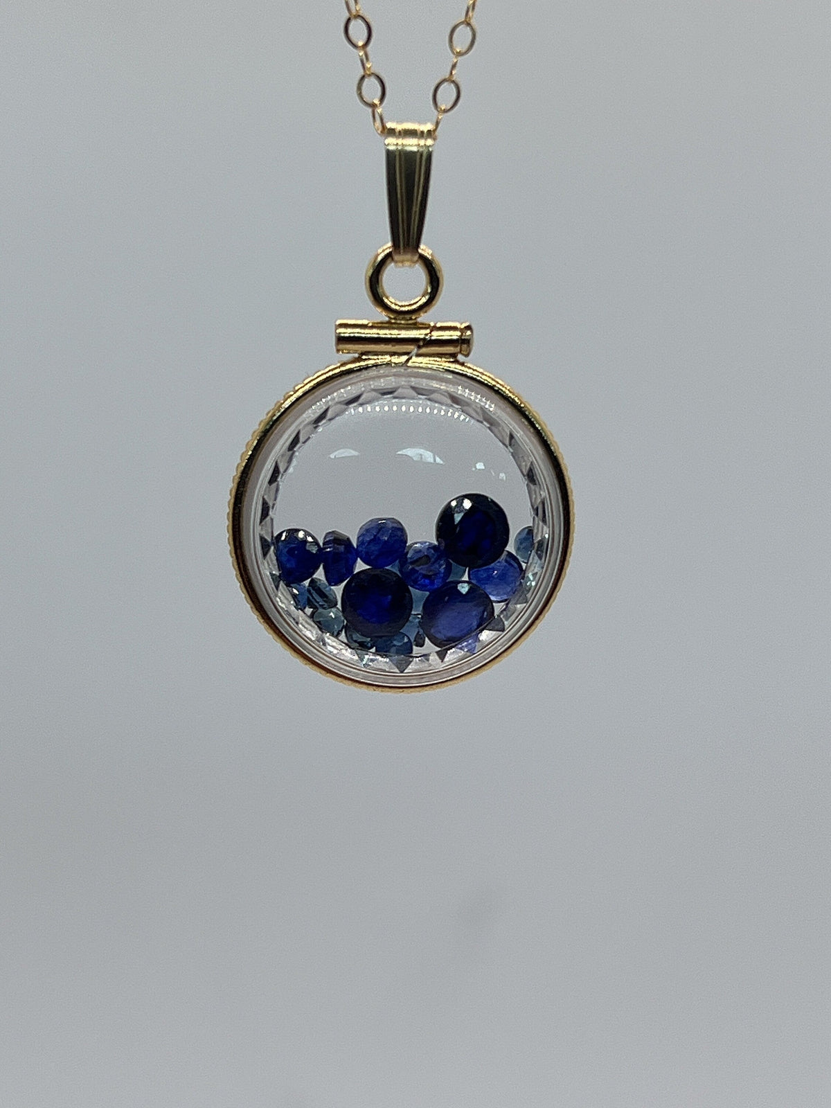 Hand Made Diamond edge dime Size 14k Gold Filled Lucite  Shaker Locket with 2.75 tcw round cut genuine blue sapphires ,September Birthstone.