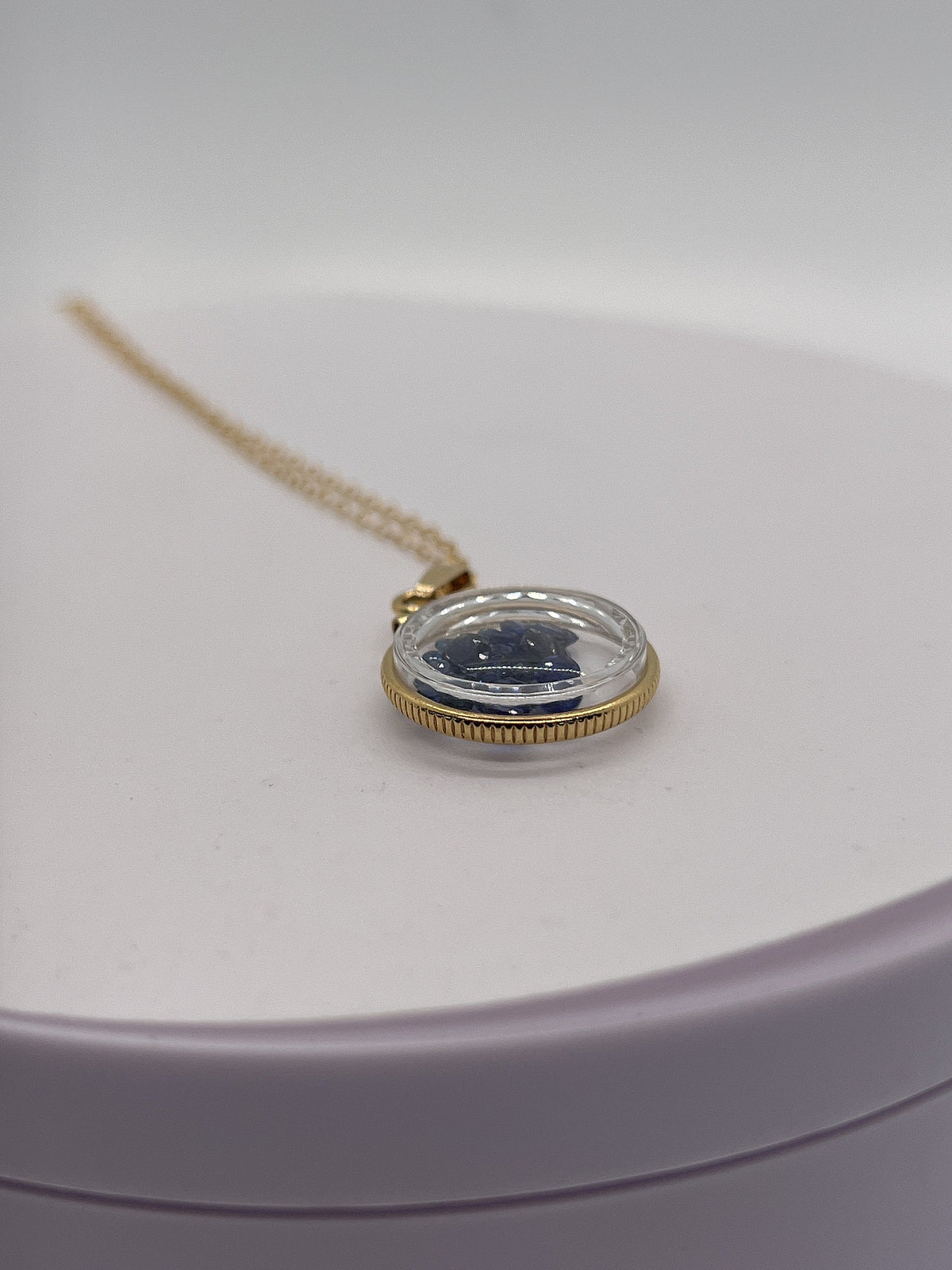 Hand Made Diamond edge dime Size 14k Gold Filled Lucite  Shaker Locket with 2.75 tcw round cut genuine blue sapphires ,September Birthstone.