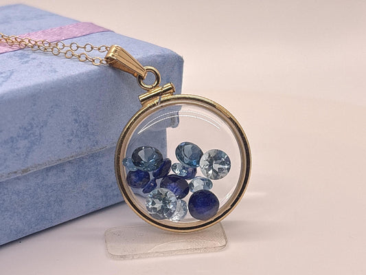 14k Solid Gold 22 mm Handmade Shaker Locket Filled with 6cttw. Sappire, London Blue Topaz, Sky Blue Topaz.