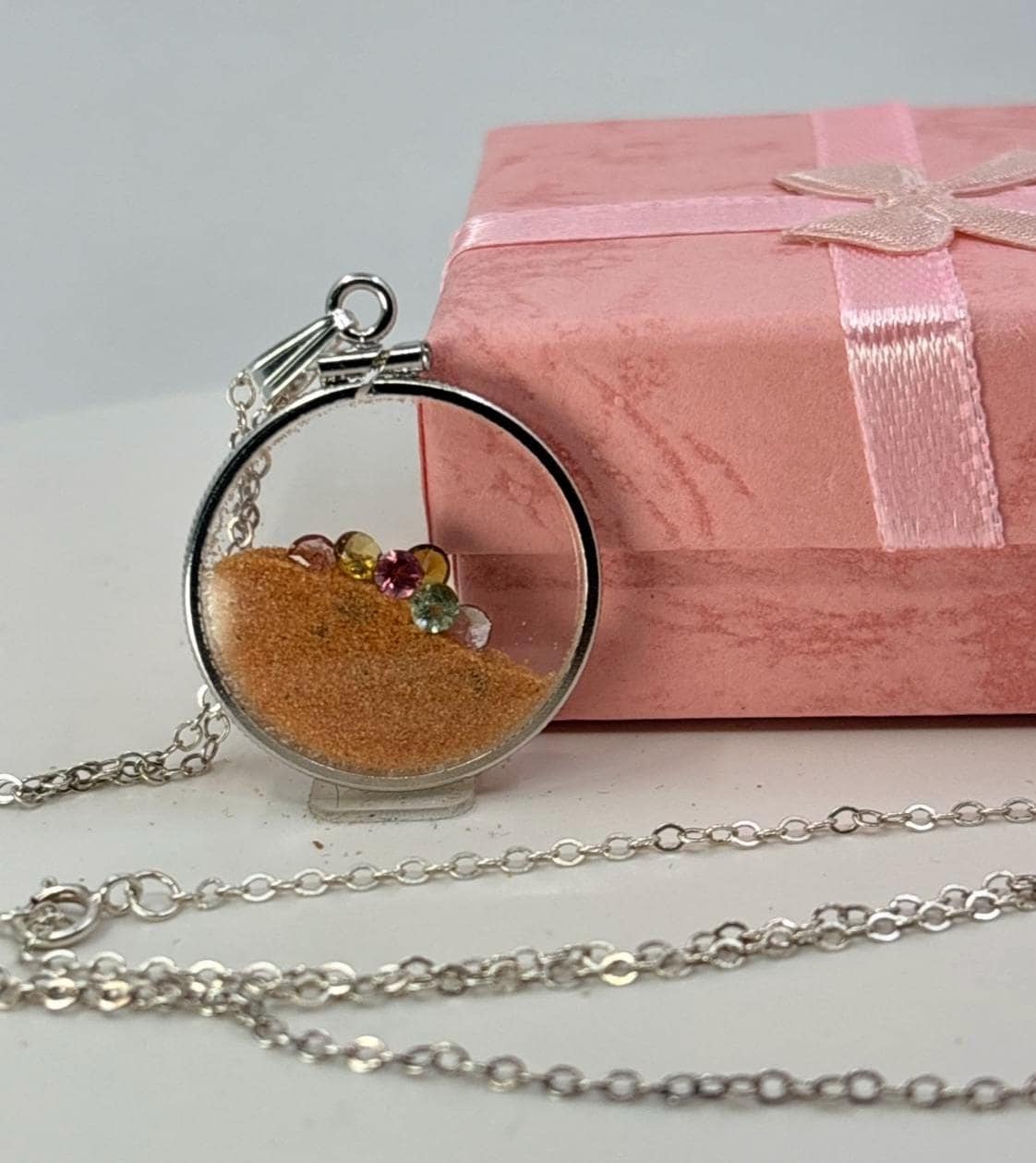 Multicolor Tourmaline Shaker locket W/ Pink Coral Sand in Sterling Silver coin edge bezel, peek a boo gems. Unique.
