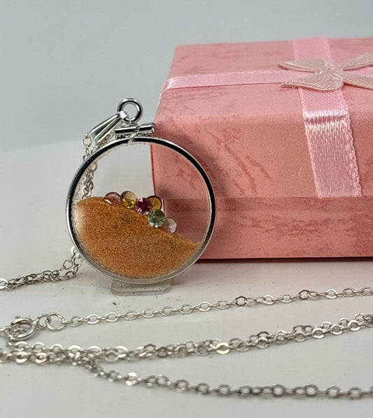Multicolor Tourmaline Shaker locket W/ Pink Coral Sand in Sterling Silver coin edge bezel, peek a boo gems. Unique.