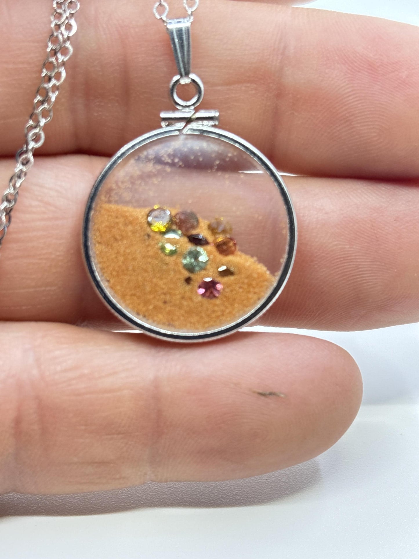 Multicolor Tourmaline Shaker locket W/ Pink Coral Sand in Sterling Silver coin edge bezel, peek a boo gems. Unique.