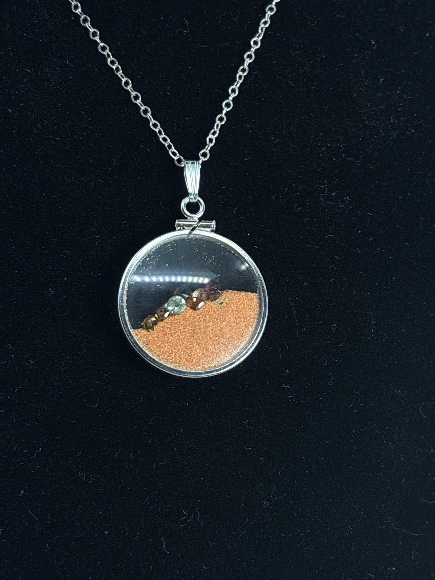Multicolor Tourmaline Shaker locket W/ Pink Coral Sand in Sterling Silver coin edge bezel, peek a boo gems. Unique.