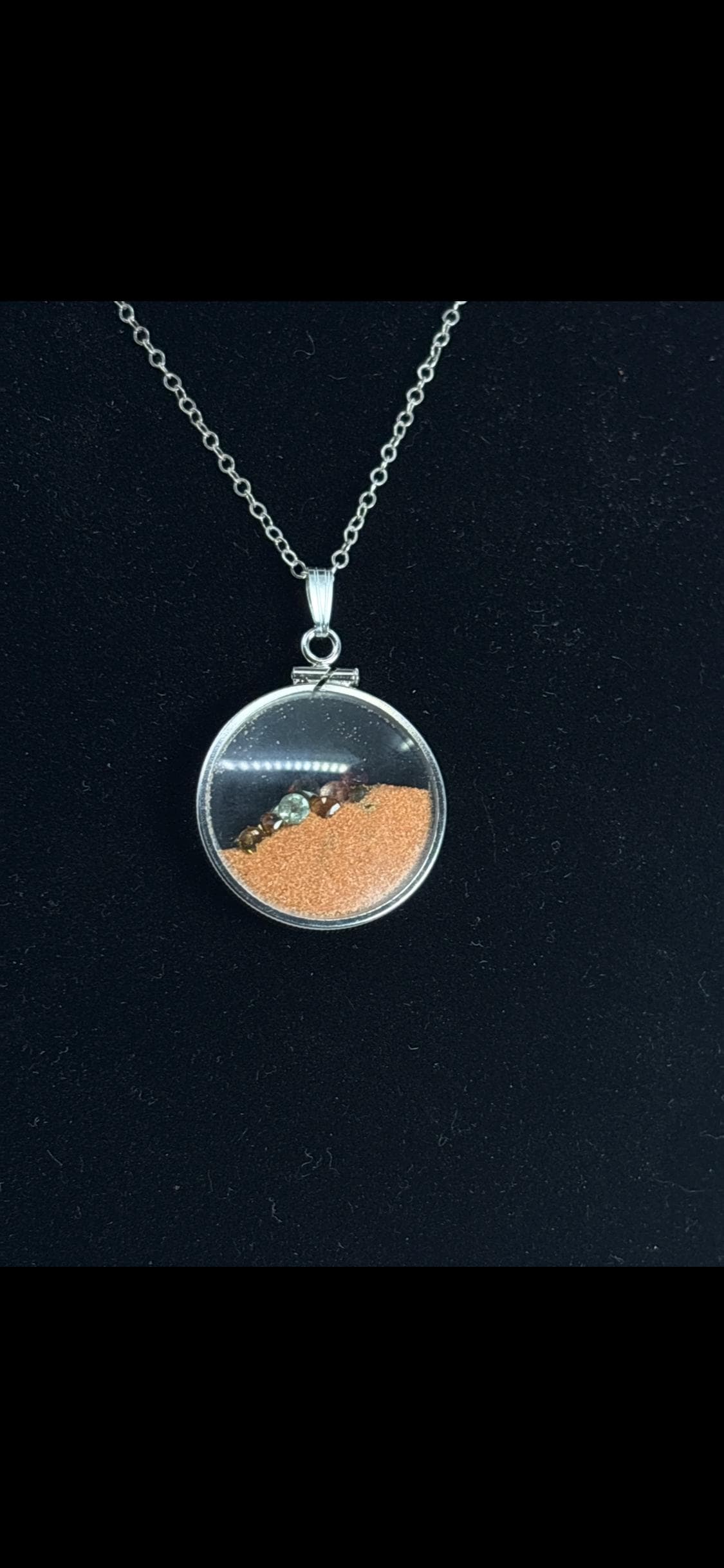Multicolor Tourmaline Shaker locket W/ Pink Coral Sand in Sterling Silver coin edge bezel, peek a boo gems. Unique.