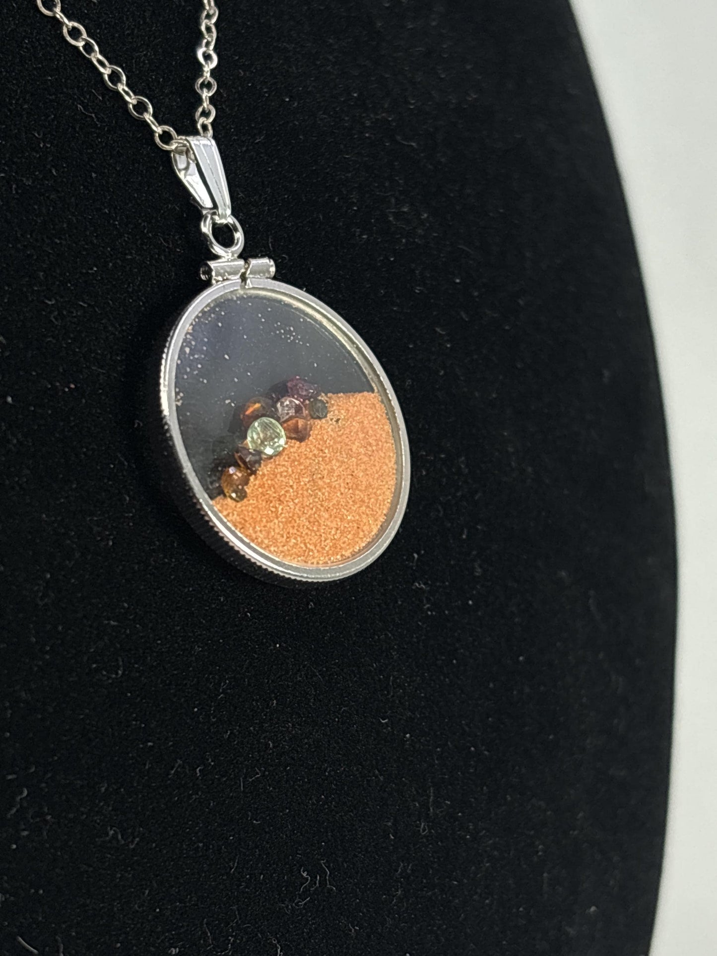 Multicolor Tourmaline Shaker locket W/ Pink Coral Sand in Sterling Silver coin edge bezel, peek a boo gems. Unique.