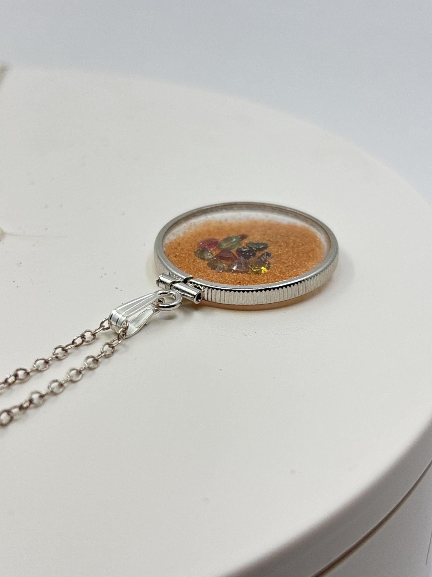 Multicolor Tourmaline Shaker locket W/ Pink Coral Sand in Sterling Silver coin edge bezel, peek a boo gems. Unique.