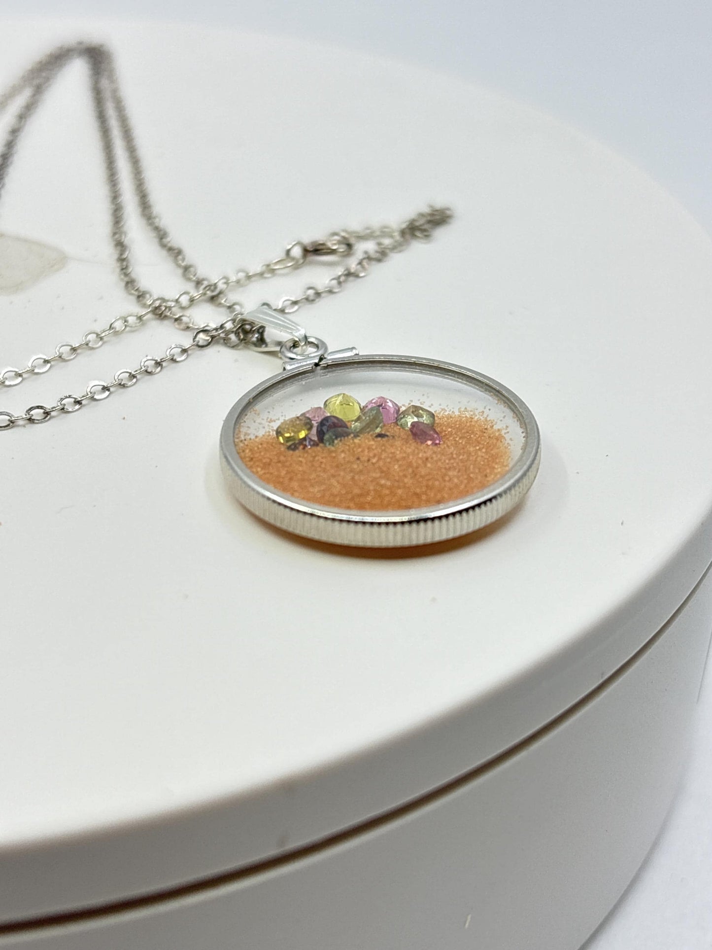 Multicolor Tourmaline Shaker locket W/ Pink Coral Sand in Sterling Silver coin edge bezel, peek a boo gems. Unique.