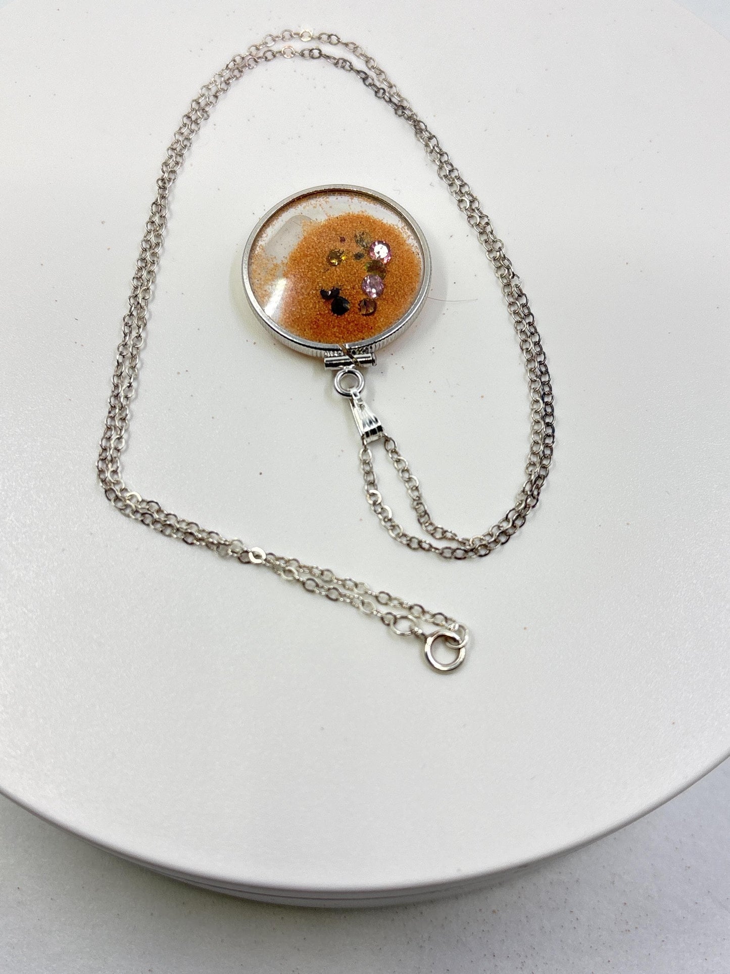 Multicolor Tourmaline Shaker locket W/ Pink Coral Sand in Sterling Silver coin edge bezel, peek a boo gems. Unique.