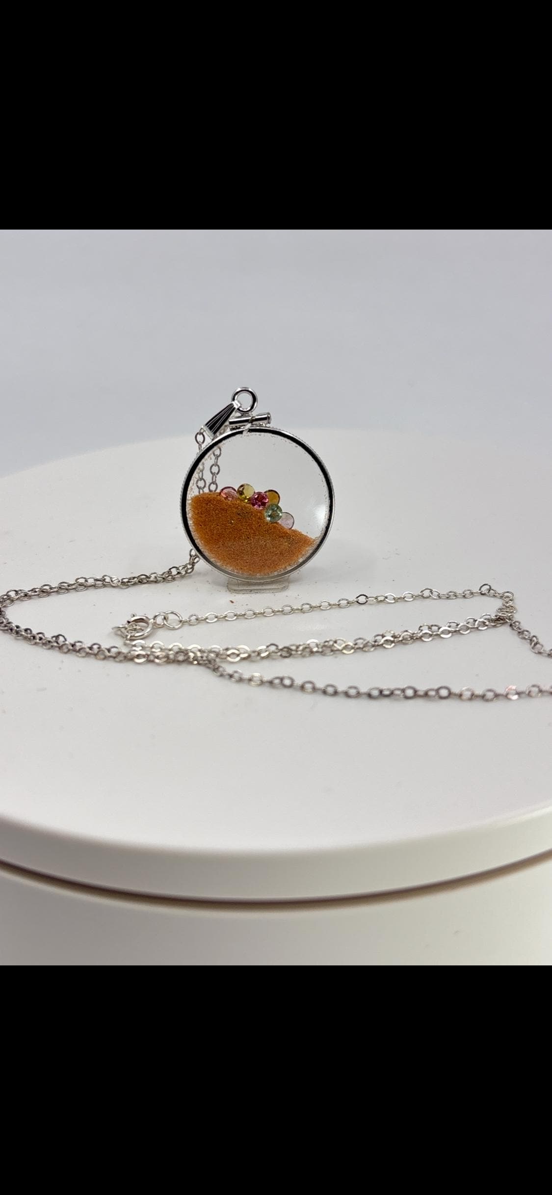 Multicolor Tourmaline Shaker locket W/ Pink Coral Sand in Sterling Silver coin edge bezel, peek a boo gems. Unique.