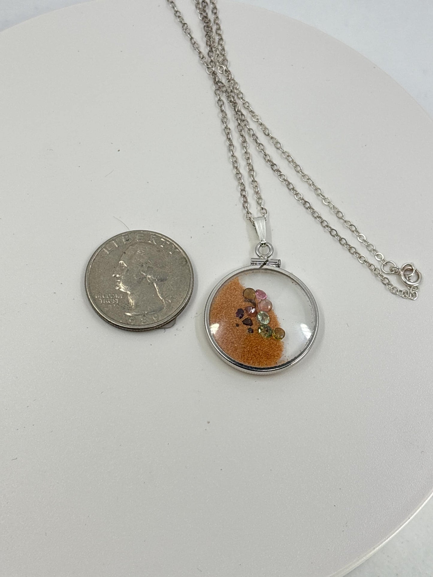 Multicolor Tourmaline Shaker locket W/ Pink Coral Sand in Sterling Silver coin edge bezel, peek a boo gems. Unique.
