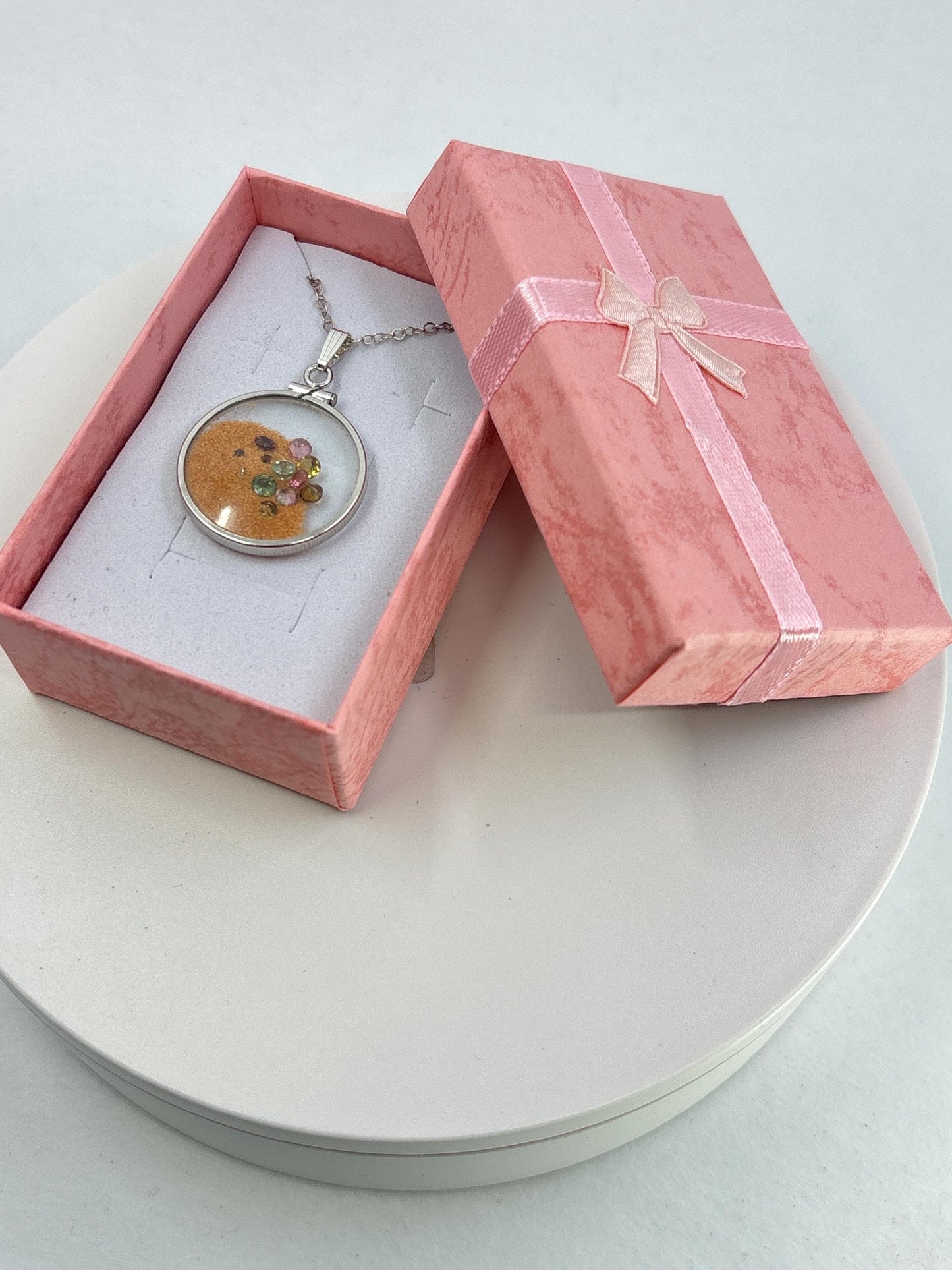Multicolor Tourmaline Shaker locket W/ Pink Coral Sand in Sterling Silver coin edge bezel, peek a boo gems. Unique.
