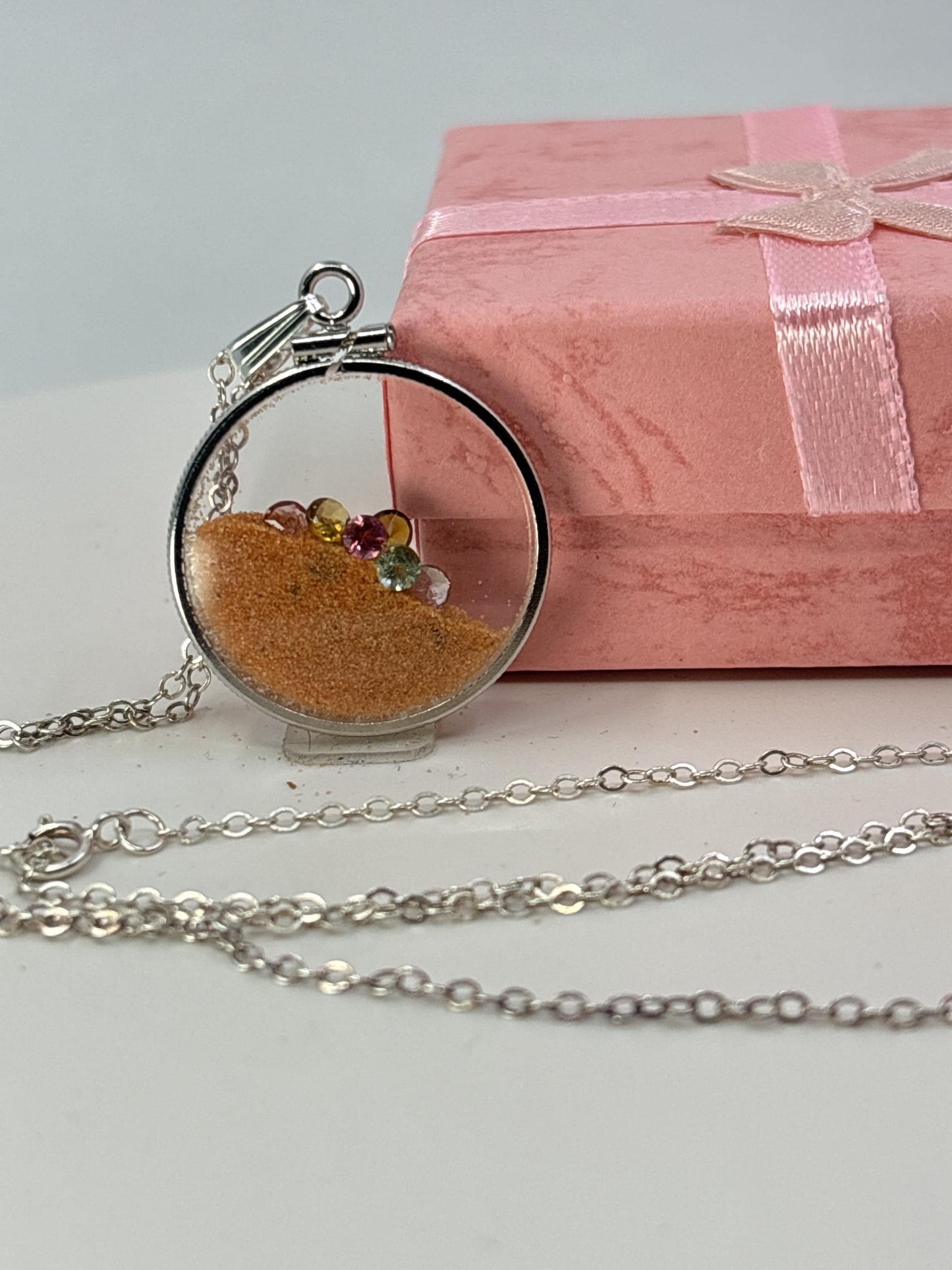 Multicolor Tourmaline Shaker locket W/ Pink Coral Sand in Sterling Silver coin edge bezel, peek a boo gems. Unique.