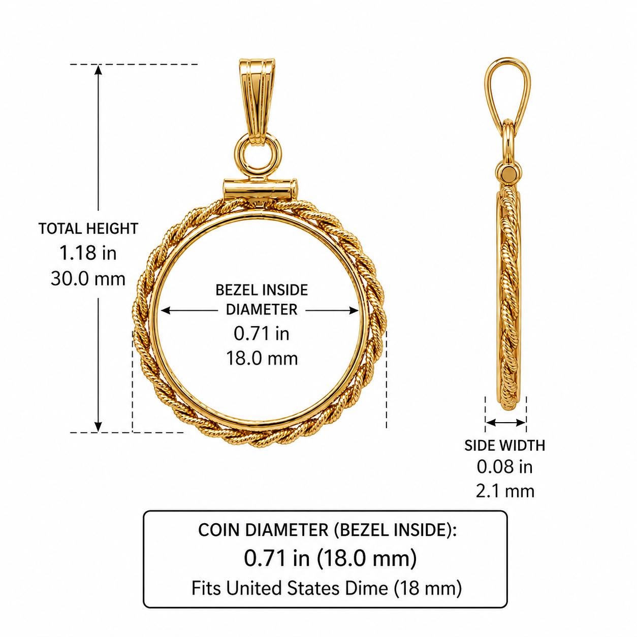18mm Gold Filled Rope Edge Dime Bezel Pendant, Screw Top U.S. Coin Holder, Mercury Dime Charm, Coin Not Included