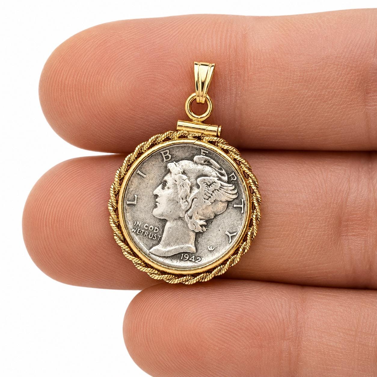 18mm Gold Filled Rope Edge Dime Bezel Pendant, Screw Top U.S. Coin Holder, Mercury Dime Charm, Coin Not Included
