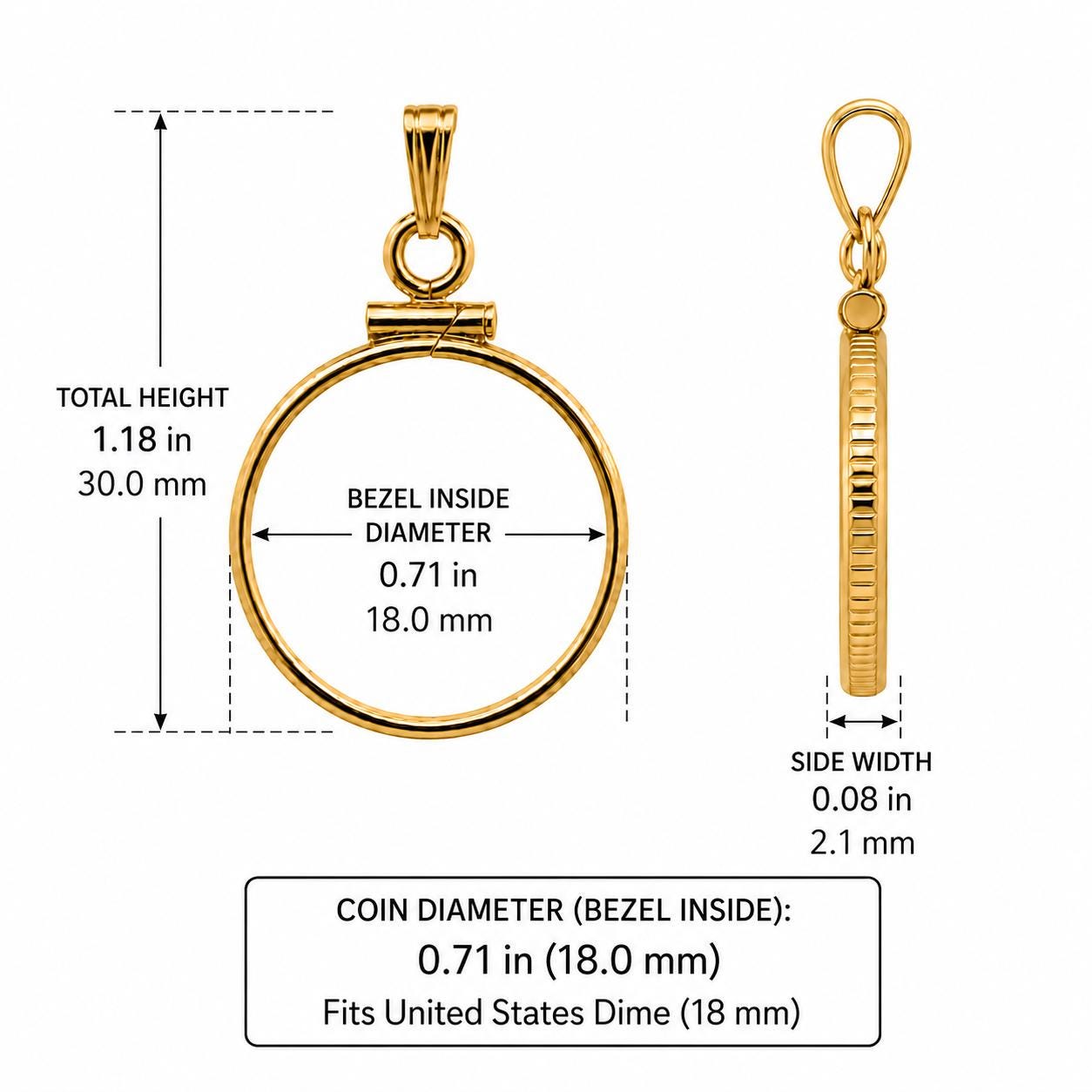 18mm Gold Filled Dime Bezel Pendant, Screw Top U.S. Coin Holder, Mercury Dime Necklace Charm, Coin Not Included