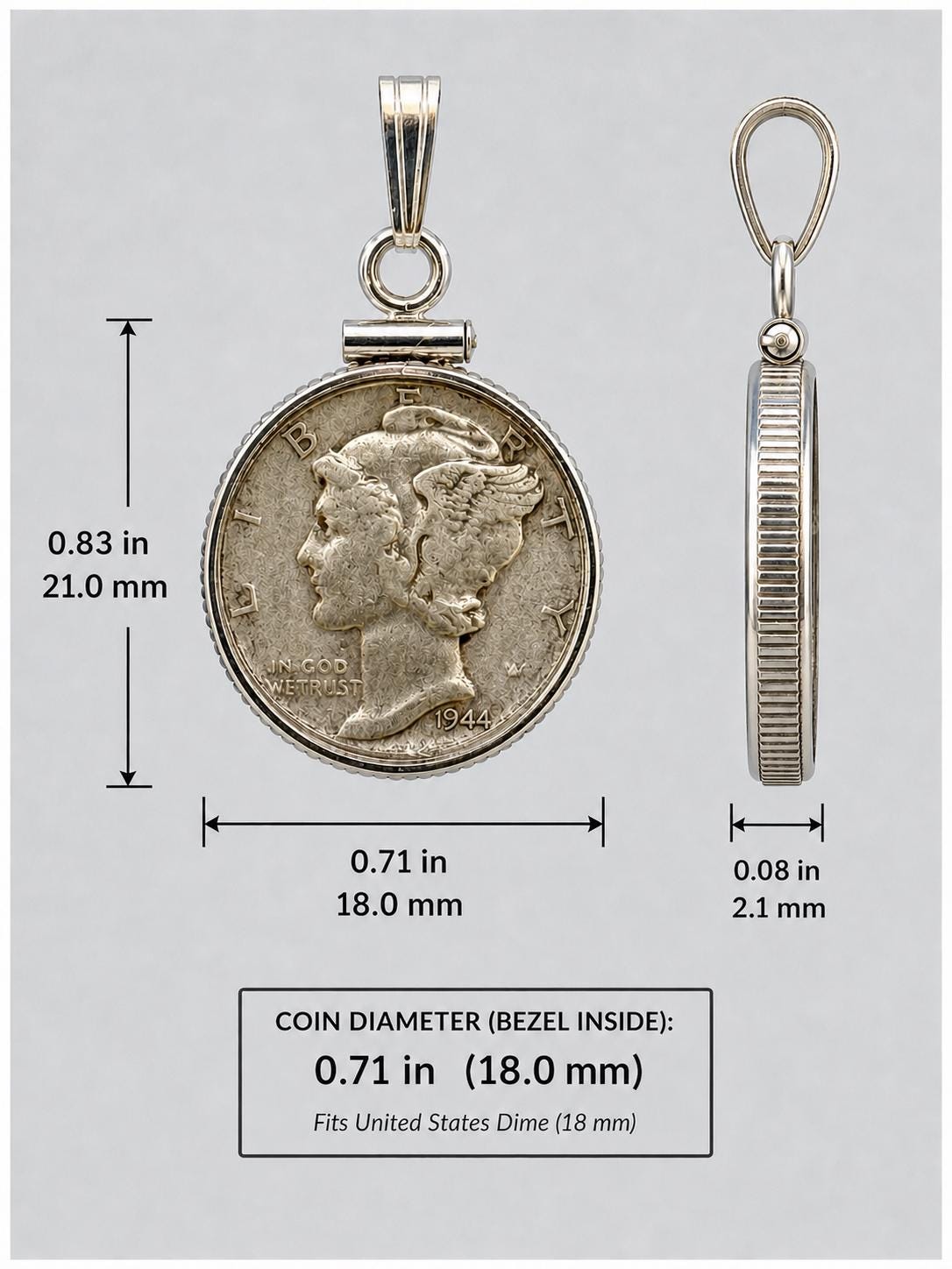 Sterling Silver Mercury Dime Bezel Pendant, Screw-Top Coin Holder, 18mm U.S. Dime Necklace Charm, Coin Not Included