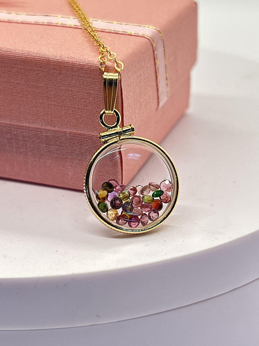 14k solid gold handmade dime-size tourmaline shaker locket  lucite view locket, necklace,beautiful october birthstone.