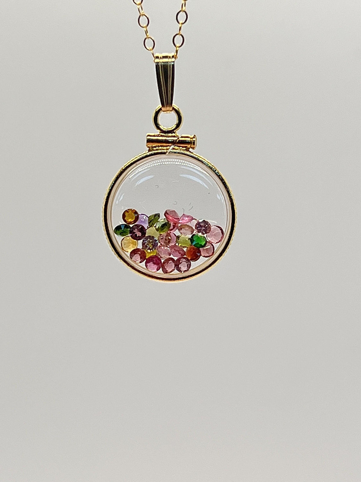 14k solid gold handmade dime-size tourmaline shaker locket  lucite view locket, necklace,beautiful october birthstone.
