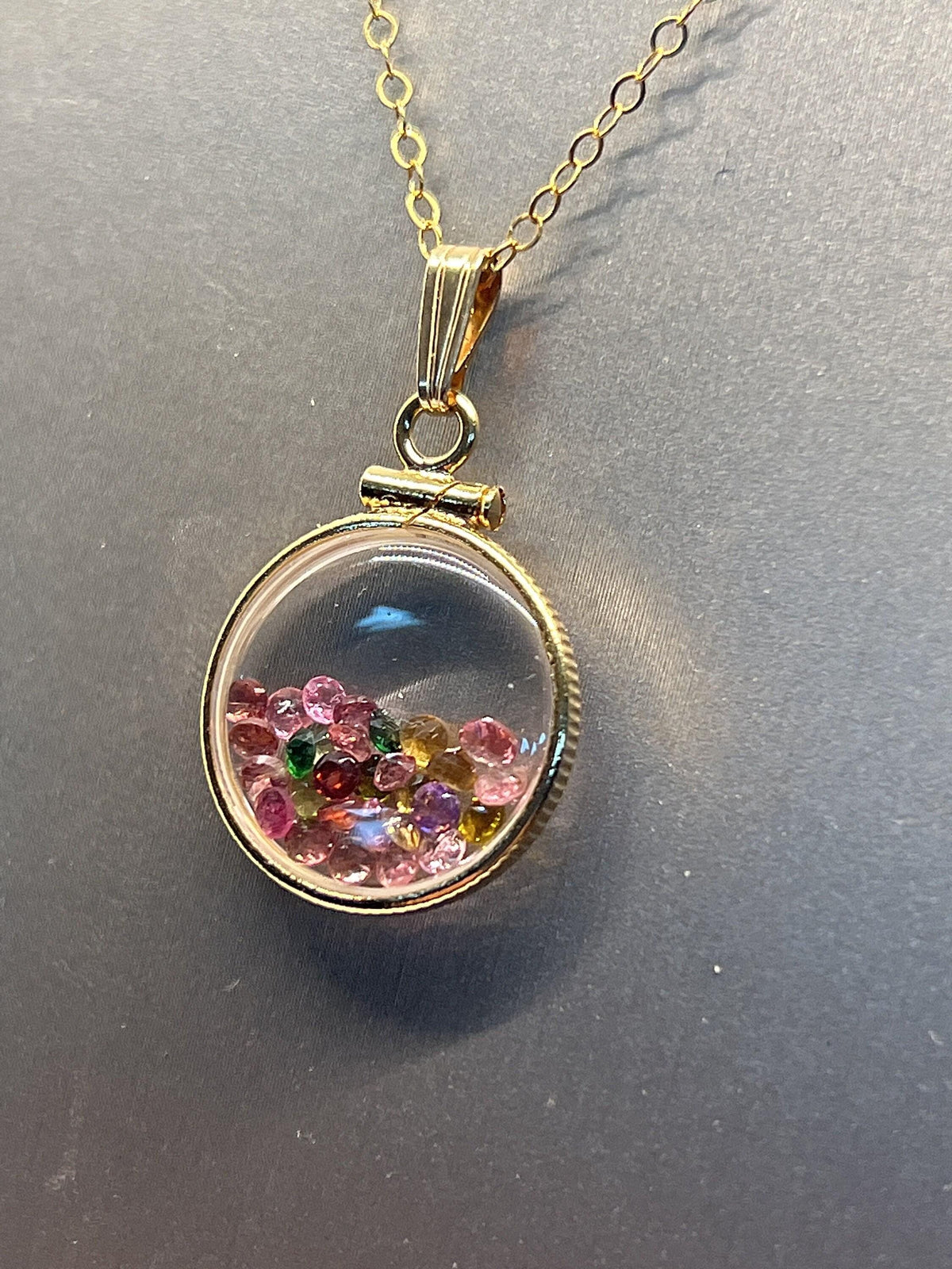 14k solid gold handmade dime-size tourmaline shaker locket  lucite view locket, necklace,beautiful october birthstone.