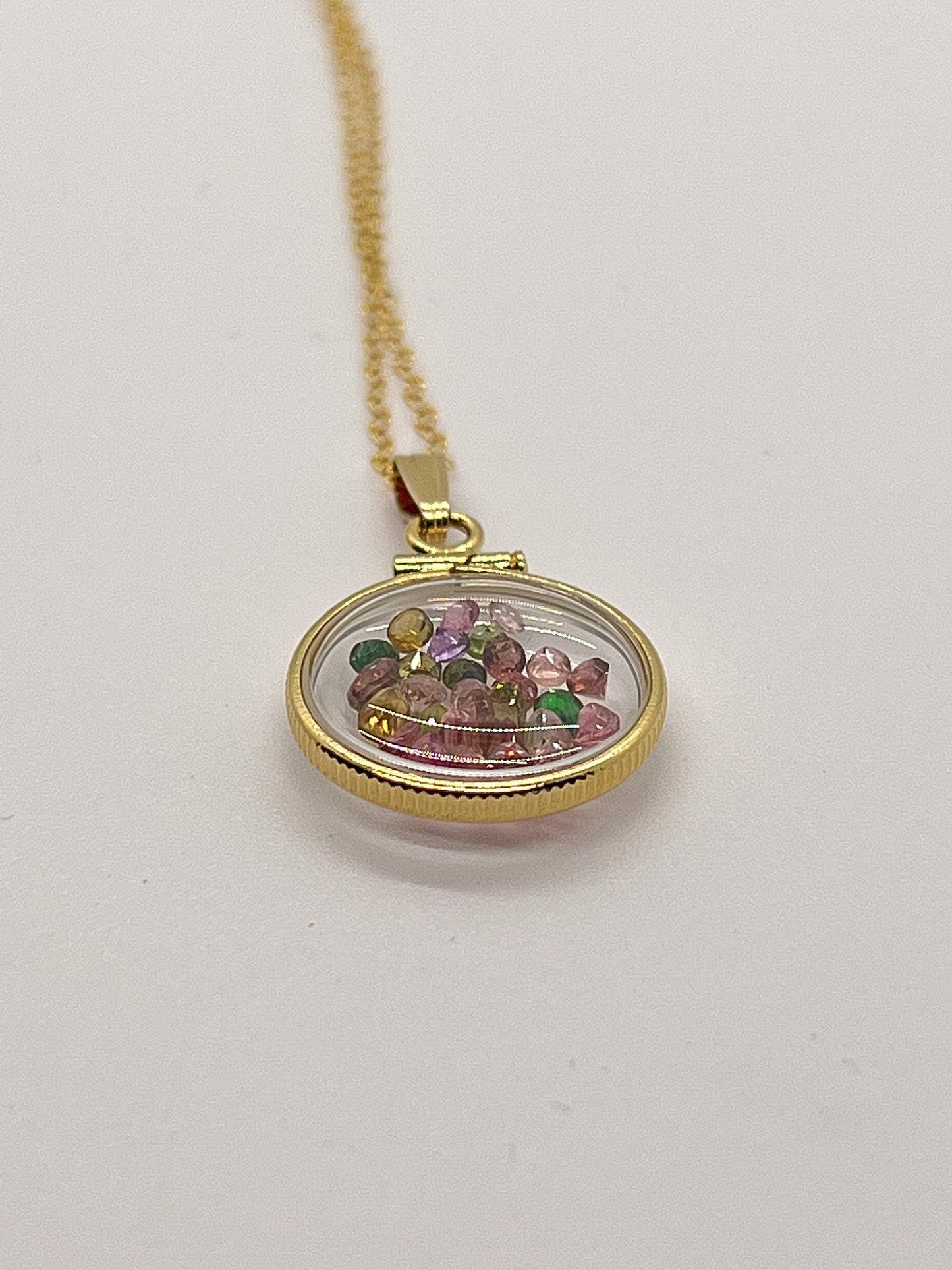 14k solid gold handmade dime-size tourmaline shaker locket  lucite view locket, necklace,beautiful october birthstone.