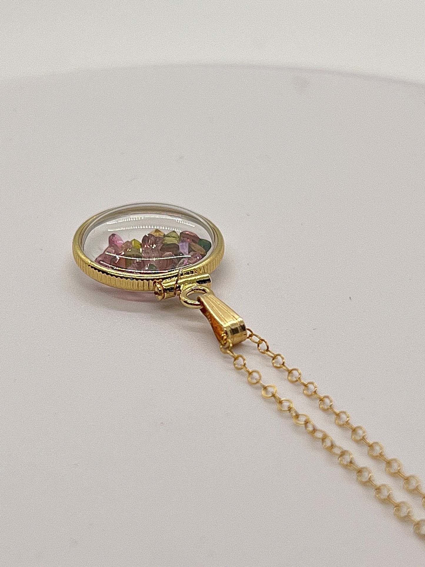 14k solid gold handmade dime-size tourmaline shaker locket  lucite view locket, necklace,beautiful october birthstone.