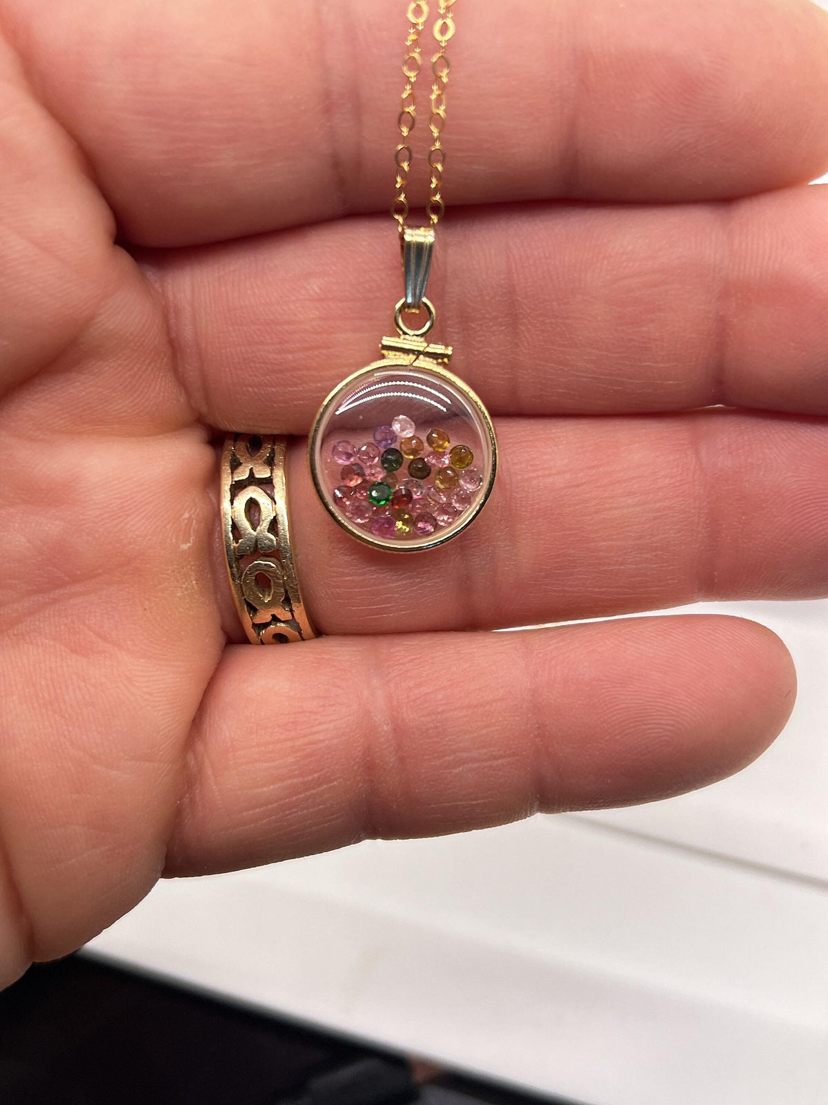14k solid gold handmade dime-size tourmaline shaker locket  lucite view locket, necklace,beautiful october birthstone.