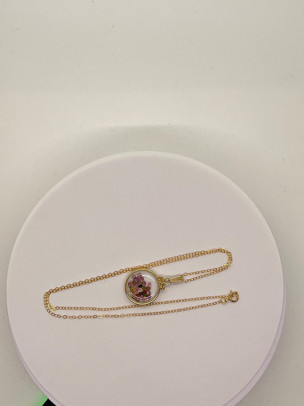 14k solid gold handmade dime-size tourmaline shaker locket  lucite view locket, necklace,beautiful october birthstone.