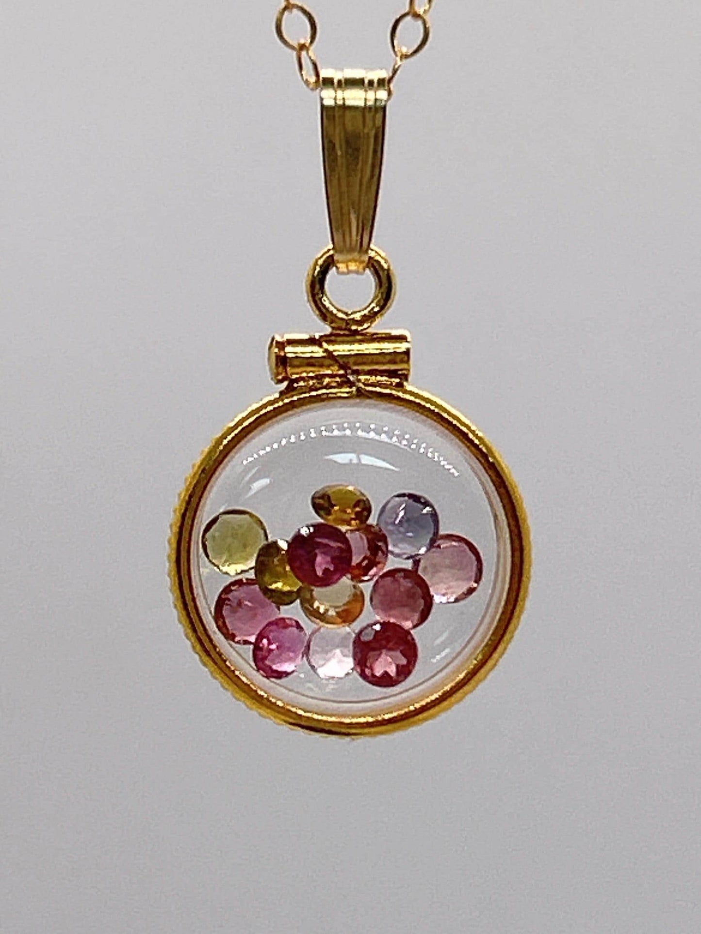 Handmade 12.5 mm 14k gold filled gemstone shaker locket, 0.75 cttw. multicolored tourmaline, october birthstone