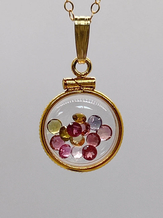 Handmade 12.5 mm 14k gold filled gemstone shaker locket, 0.75 cttw. multicolored tourmaline, october birthstone
