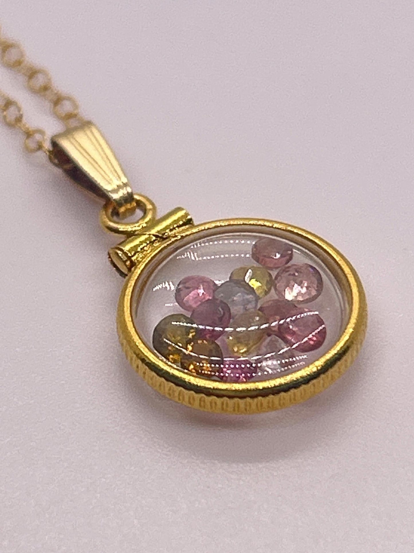Handmade 12.5 mm 14k gold filled gemstone shaker locket, 0.75 cttw. multicolored tourmaline, october birthstone
