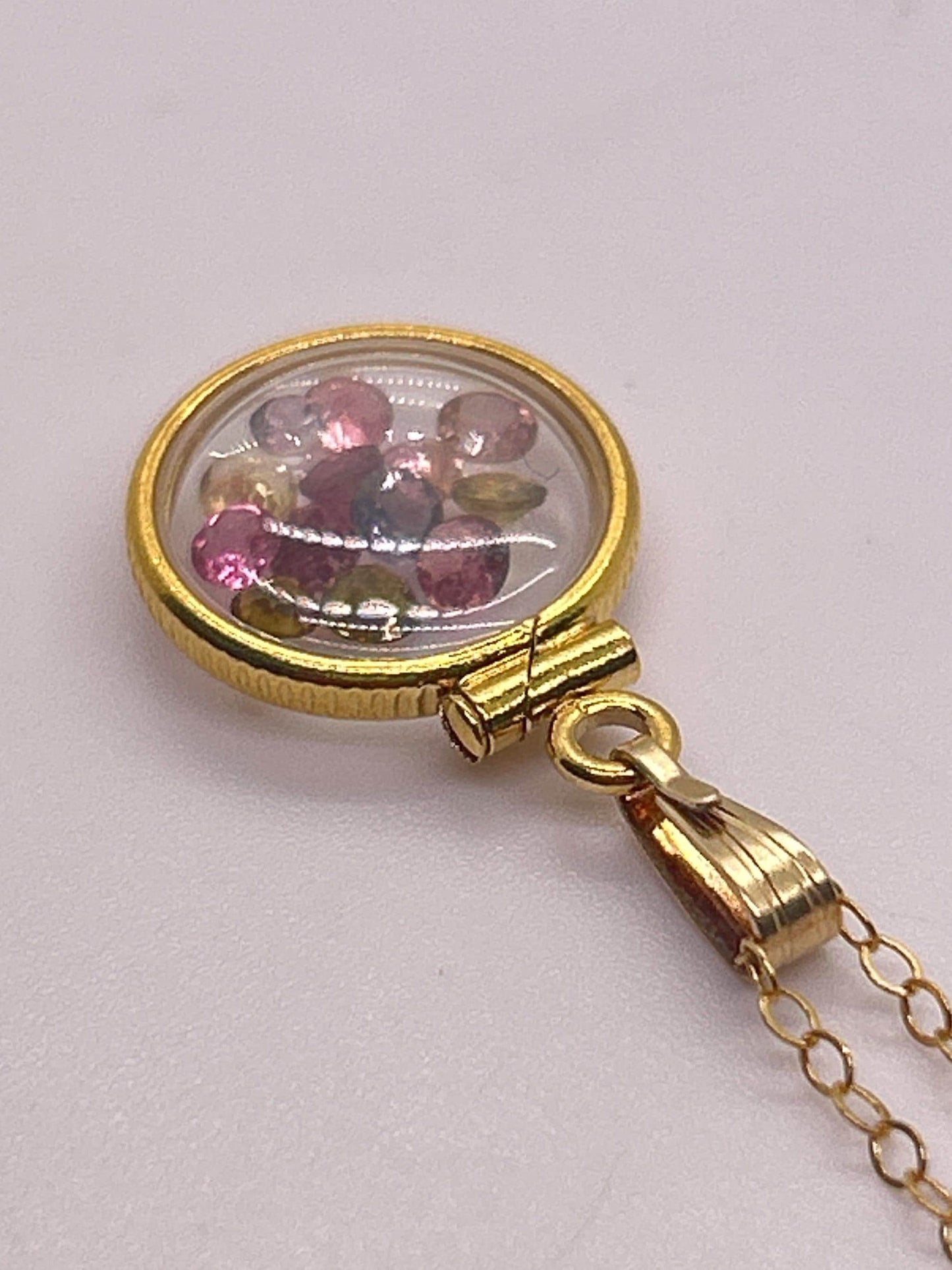 Handmade 12.5 mm 14k gold filled gemstone shaker locket, 0.75 cttw. multicolored tourmaline, october birthstone