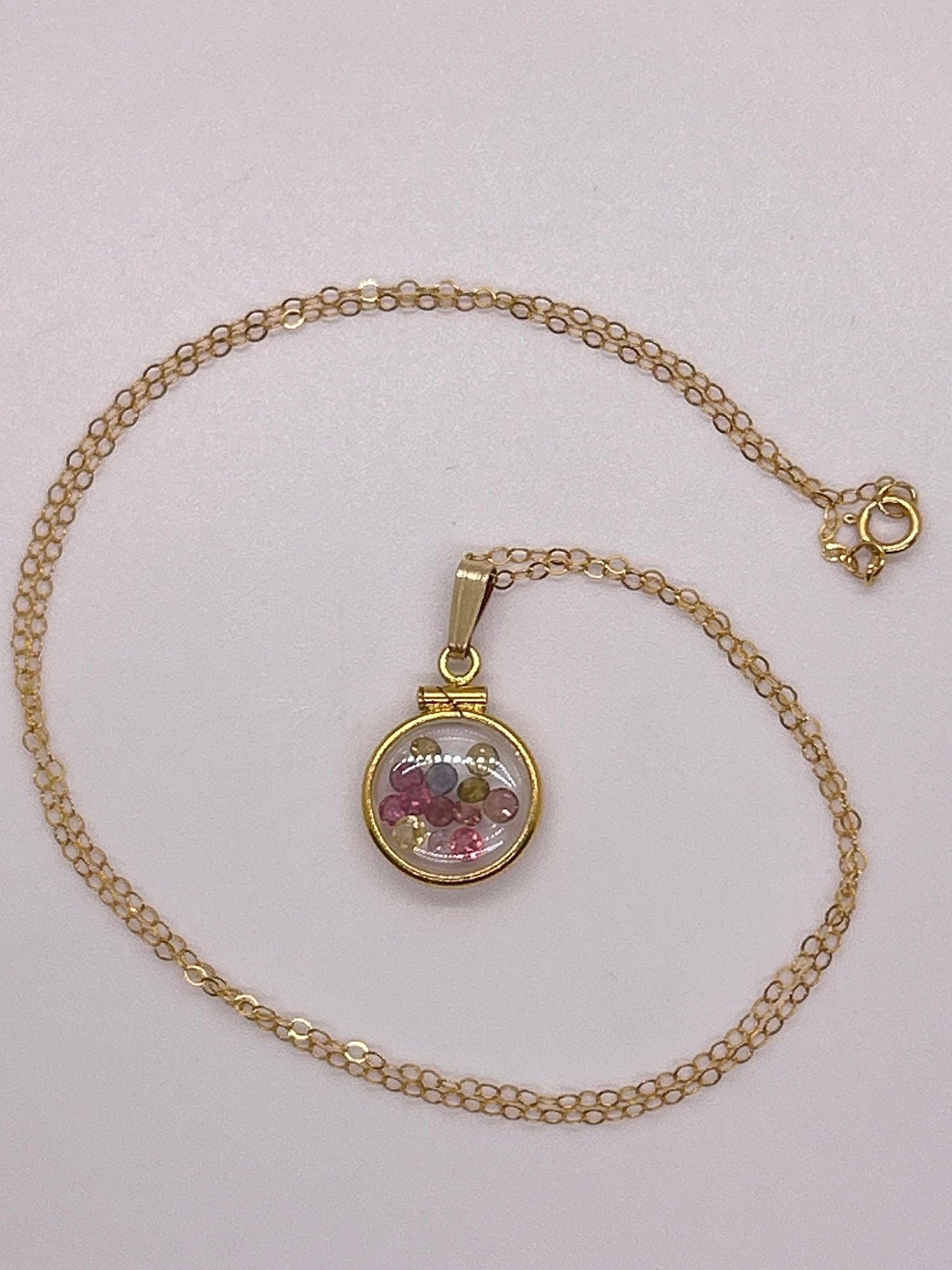 Handmade 12.5 mm 14k gold filled gemstone shaker locket, 0.75 cttw. multicolored tourmaline, october birthstone