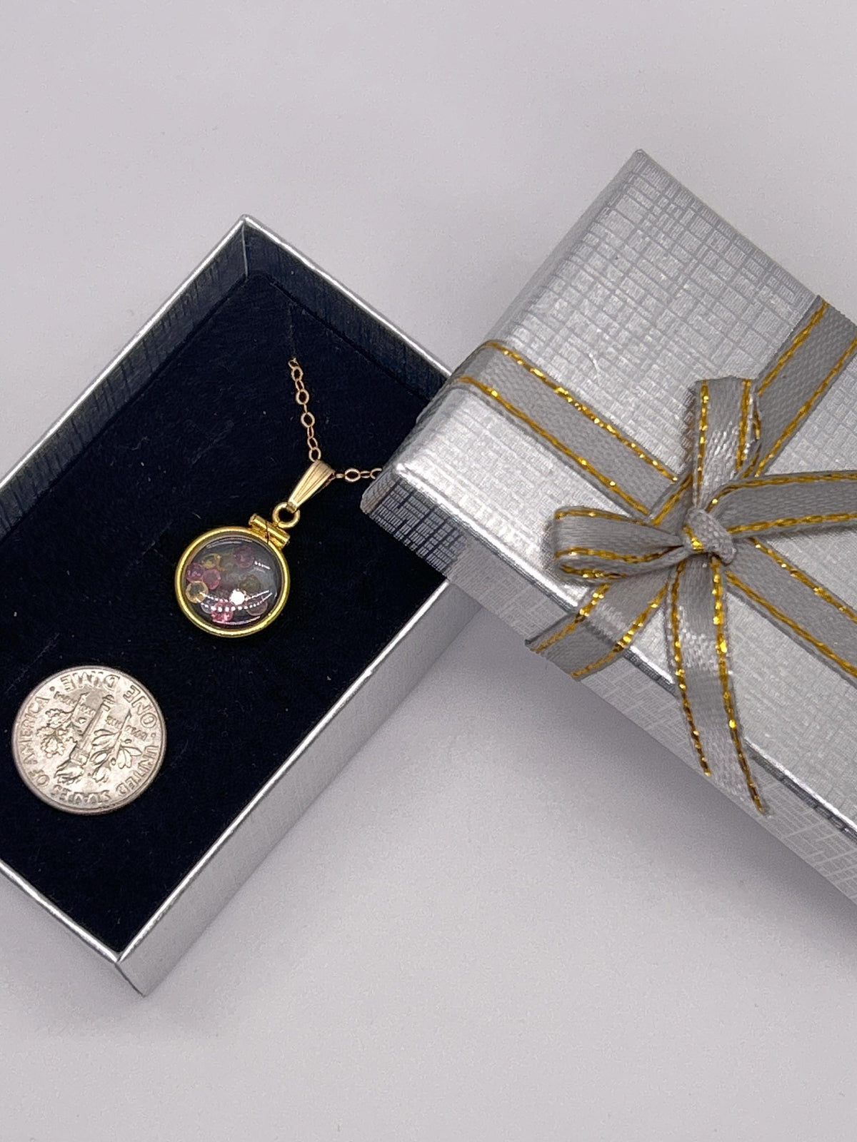 Handmade 12.5 mm 14k gold filled gemstone shaker locket, 0.75 cttw. multicolored tourmaline, october birthstone