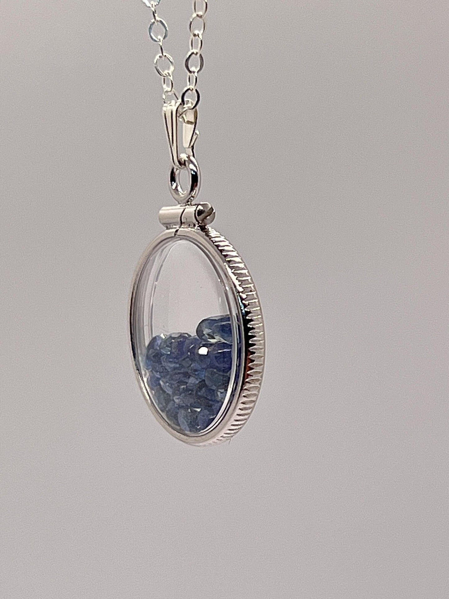 Handmade dime size sterling silver sapphire shaker locket lucite view locket, necklace, beautiful september birthstone. 2.5 tcw