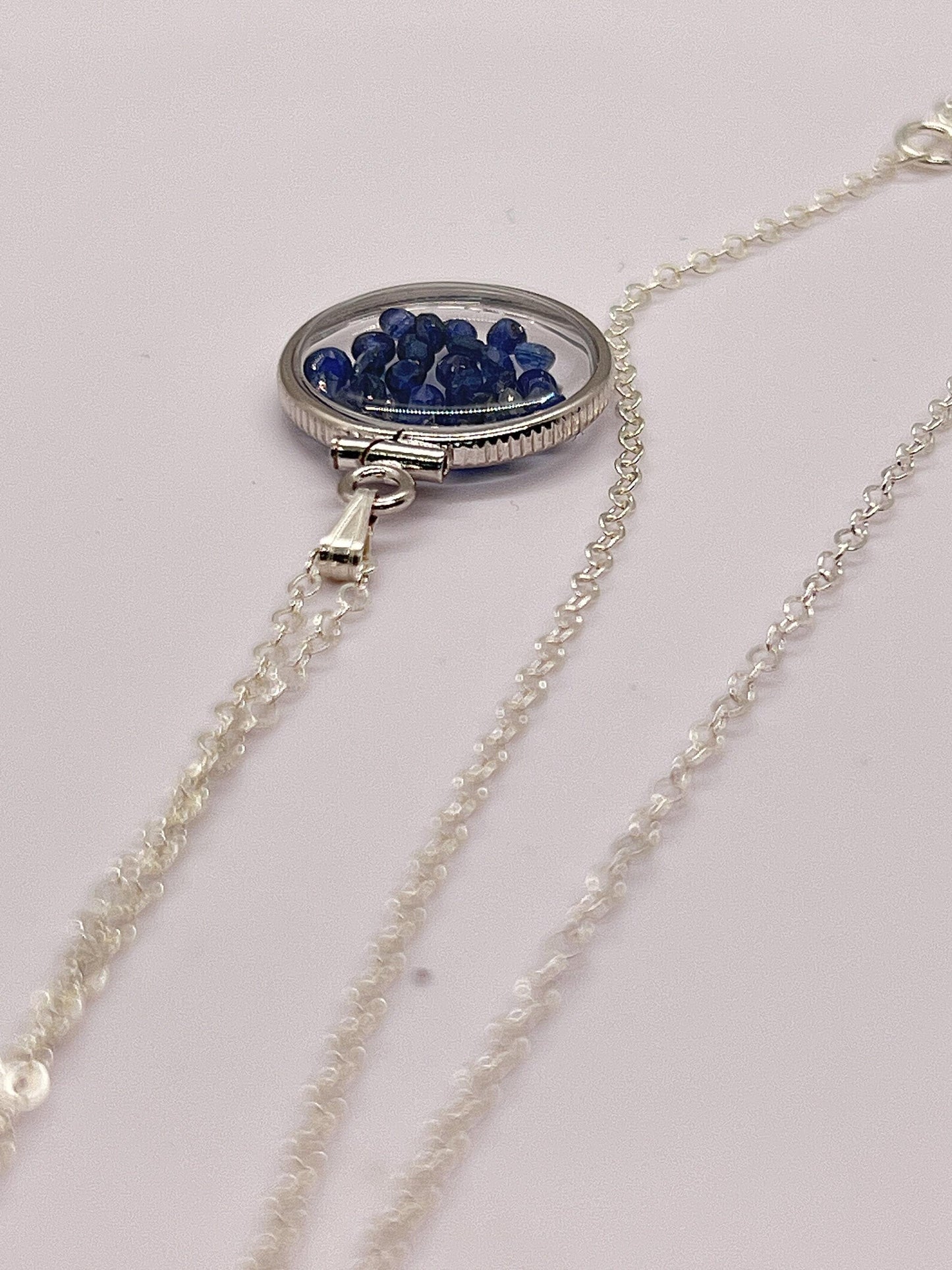 Handmade dime size sterling silver sapphire shaker locket lucite view locket, necklace, beautiful september birthstone. 2.5 tcw