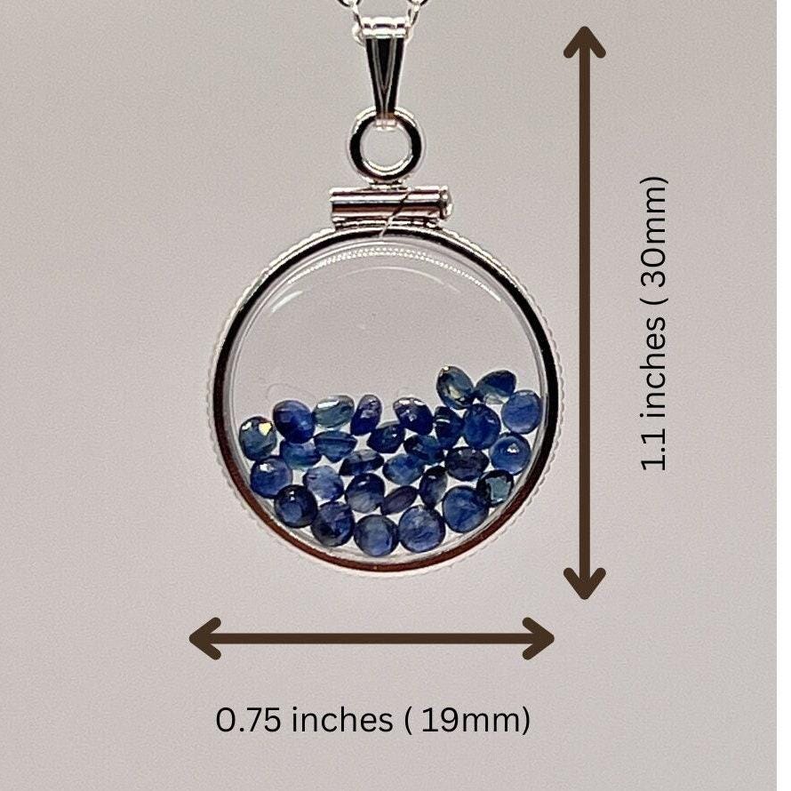 Handmade dime size sterling silver sapphire shaker locket lucite view locket, necklace, beautiful september birthstone. 2.5 tcw