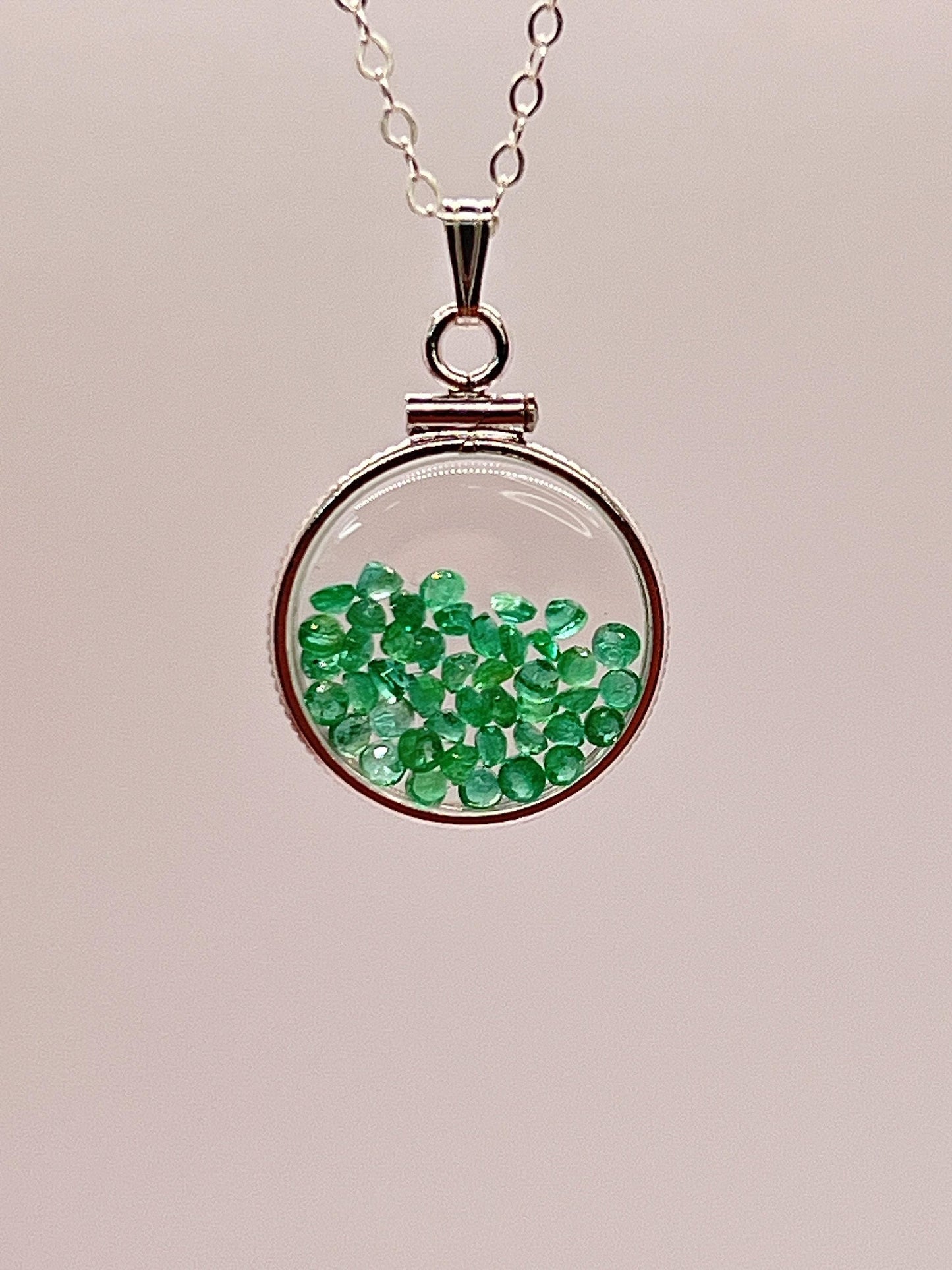 Handmade dime size  sterling silver emerald shaker locket lucite view locket, necklace, beautiful may birthstone. 2.0 tcw