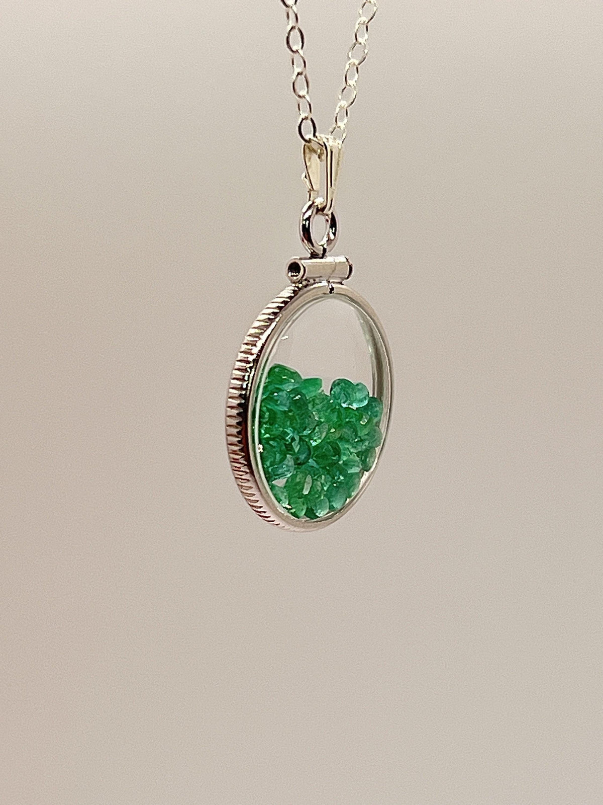 Handmade dime size  sterling silver emerald shaker locket lucite view locket, necklace, beautiful may birthstone. 2.0 tcw