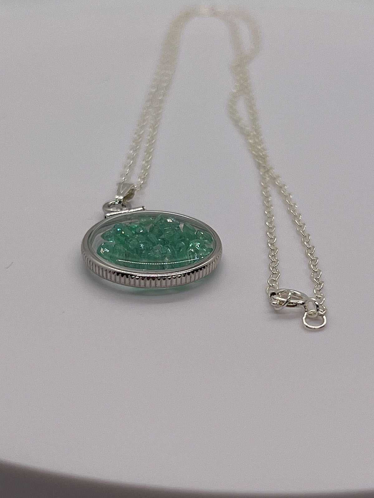 Handmade dime size  sterling silver emerald shaker locket lucite view locket, necklace, beautiful may birthstone. 2.0 tcw