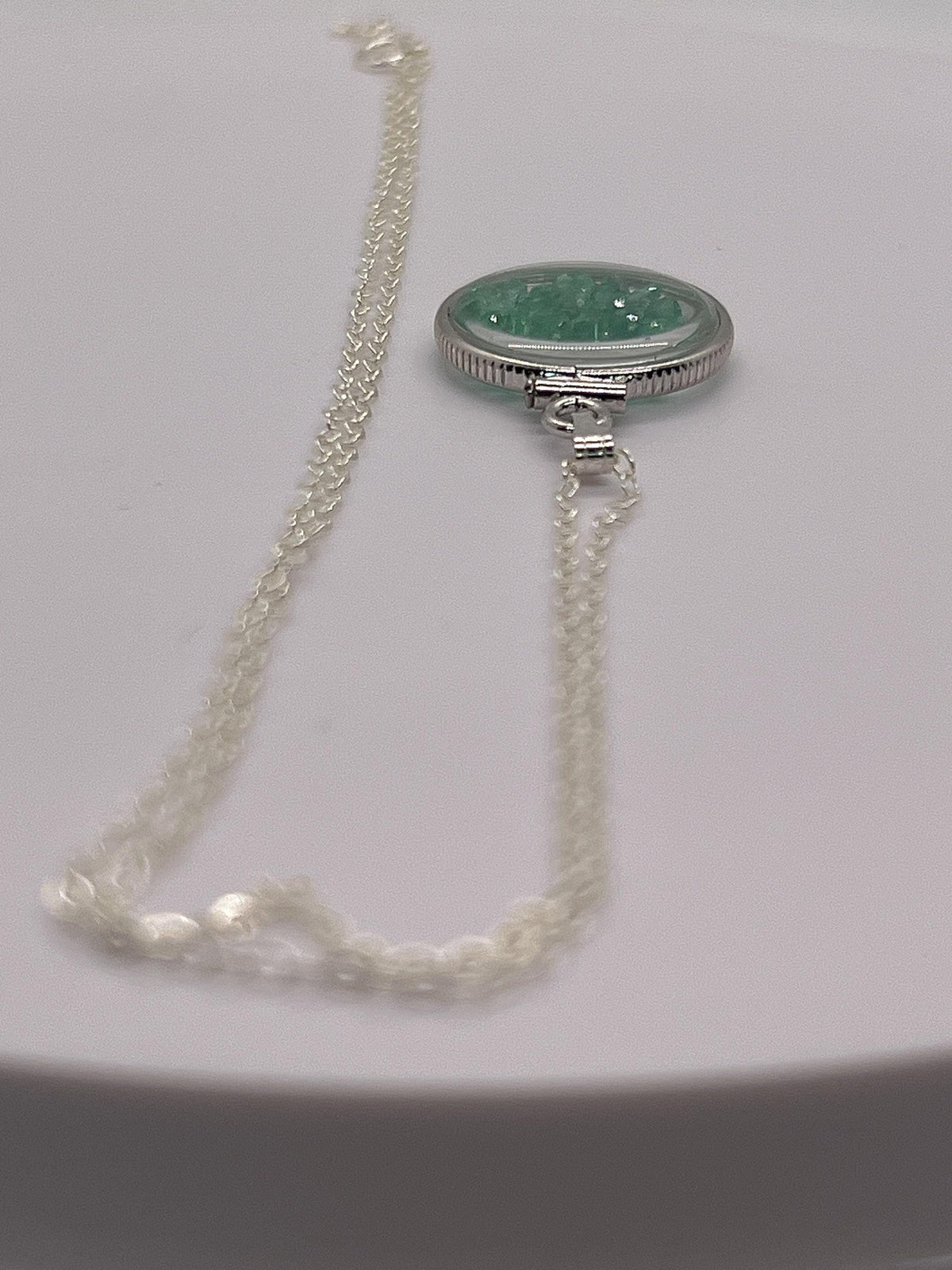 Handmade dime size  sterling silver emerald shaker locket lucite view locket, necklace, beautiful may birthstone. 2.0 tcw