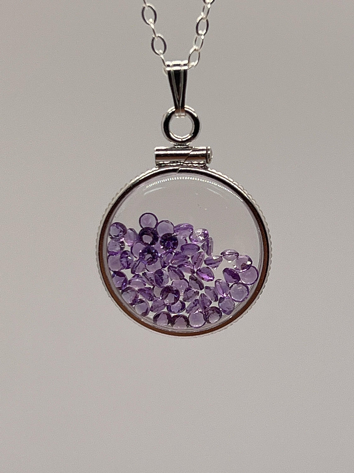 Handmade dime size sterling silver amethyst shaker locket lucite view locket, necklace, beautiful february birthstone. 2.0 tcw.