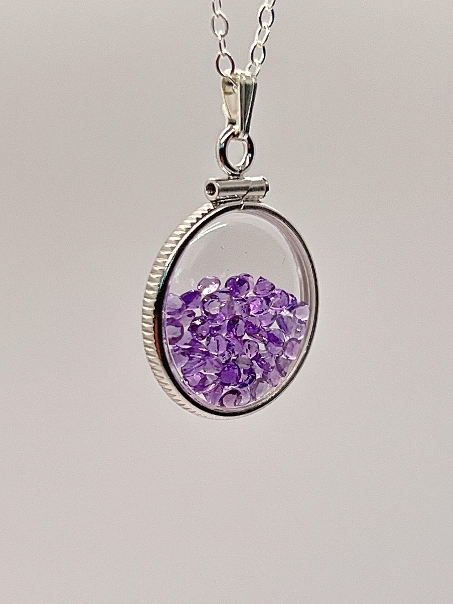 Handmade dime size sterling silver amethyst shaker locket lucite view locket, necklace, beautiful february birthstone. 2.0 tcw.