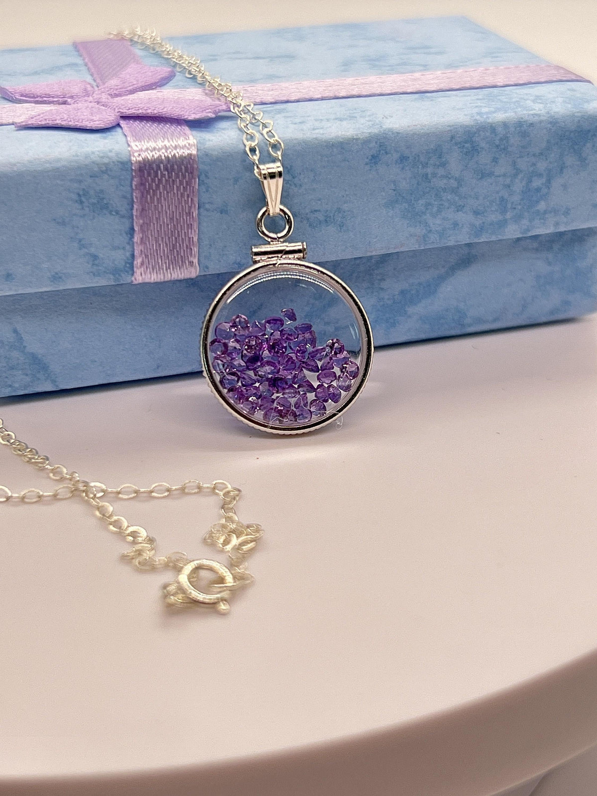 Handmade dime size sterling silver amethyst shaker locket lucite view locket, necklace, beautiful february birthstone. 2.0 tcw.