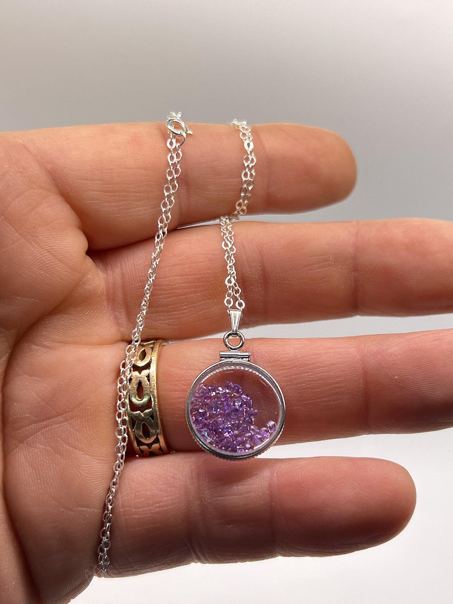 Handmade dime size sterling silver amethyst shaker locket lucite view locket, necklace, beautiful february birthstone. 2.0 tcw.