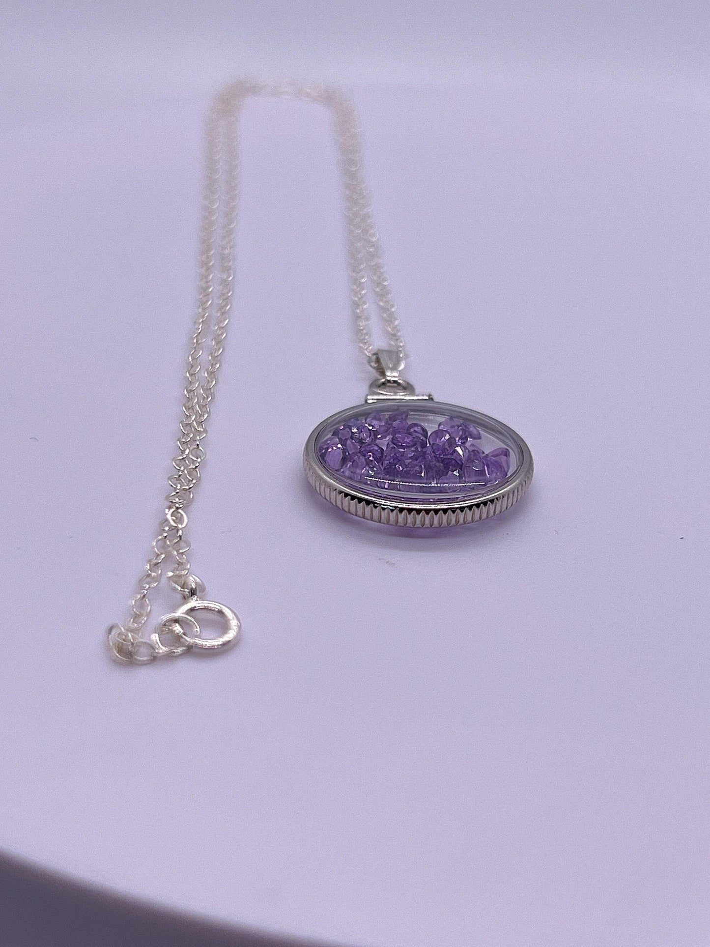 Handmade dime size sterling silver amethyst shaker locket lucite view locket, necklace, beautiful february birthstone. 2.0 tcw.