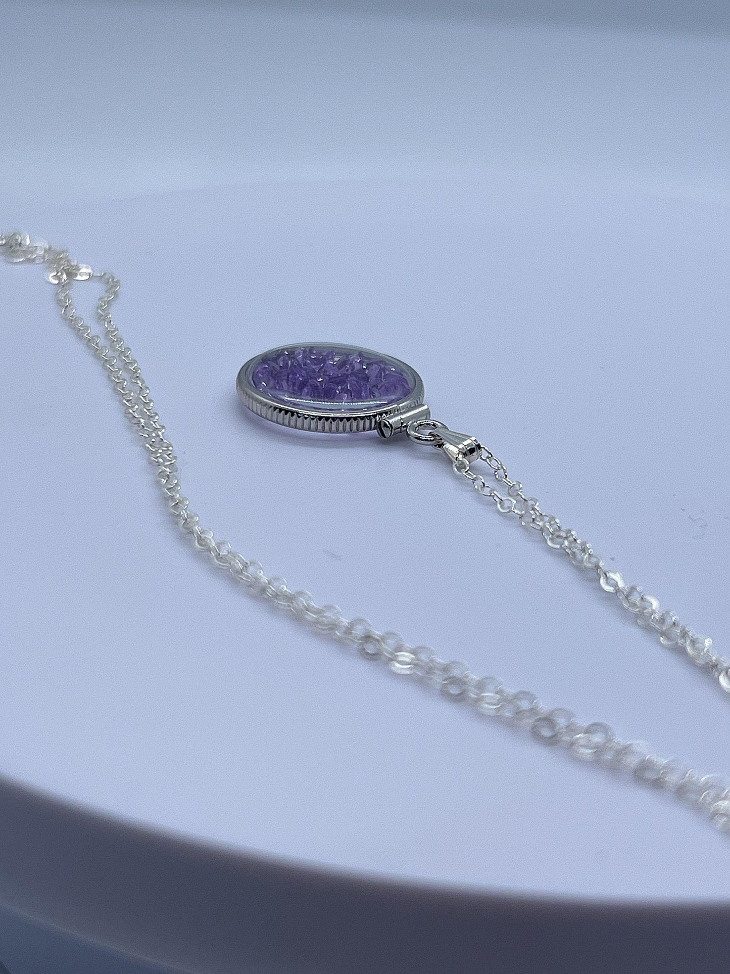 Handmade dime size sterling silver amethyst shaker locket lucite view locket, necklace, beautiful february birthstone. 2.0 tcw.