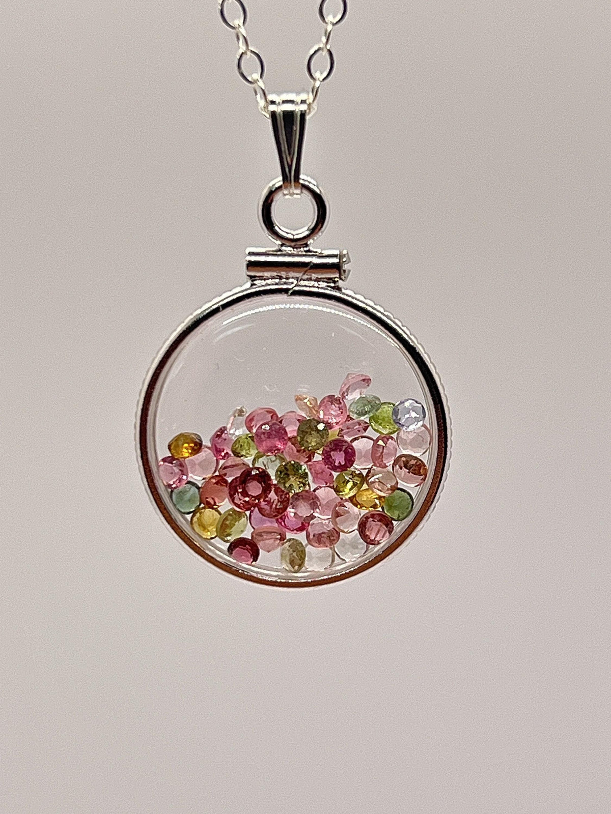 Handmade dimesize sterling silver multicolor tourmaline shaker locket lucite view locket, necklace, beautiful october birthstone. 2.0 tcw