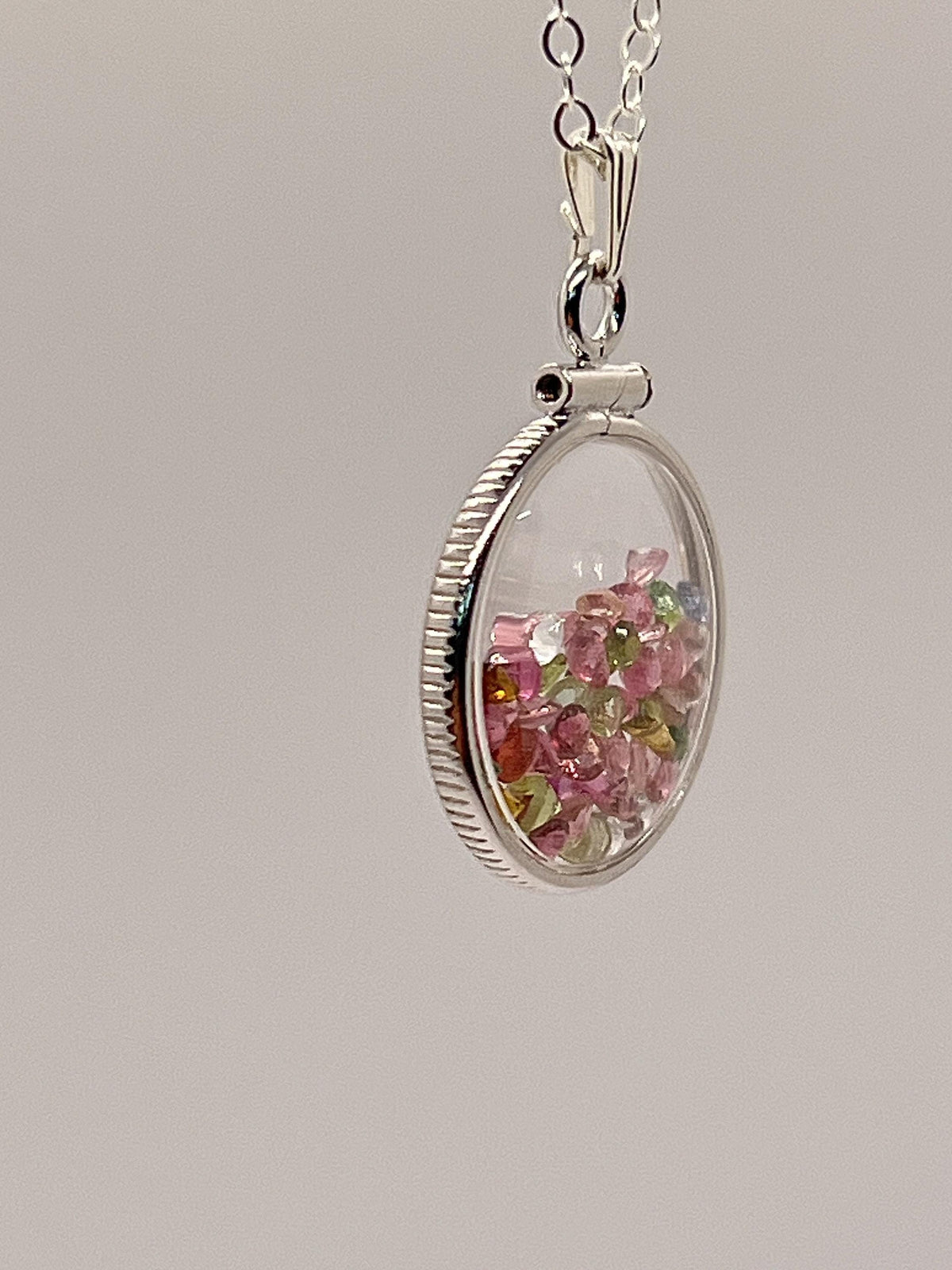 Handmade dimesize sterling silver multicolor tourmaline shaker locket lucite view locket, necklace, beautiful october birthstone. 2.0 tcw