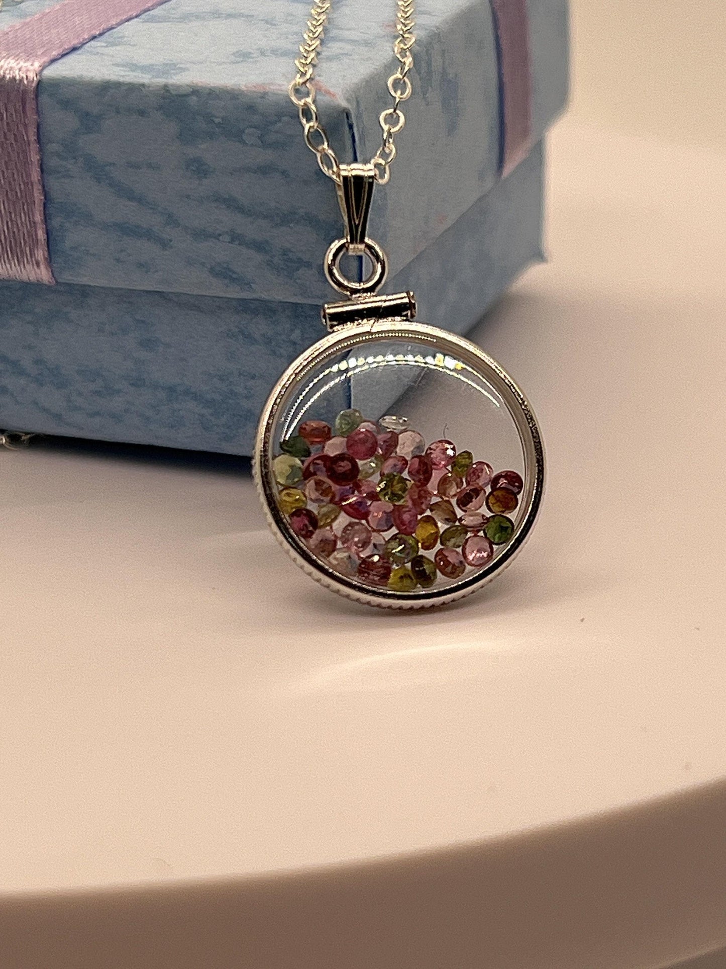 Handmade dimesize sterling silver multicolor tourmaline shaker locket lucite view locket, necklace, beautiful october birthstone. 2.0 tcw