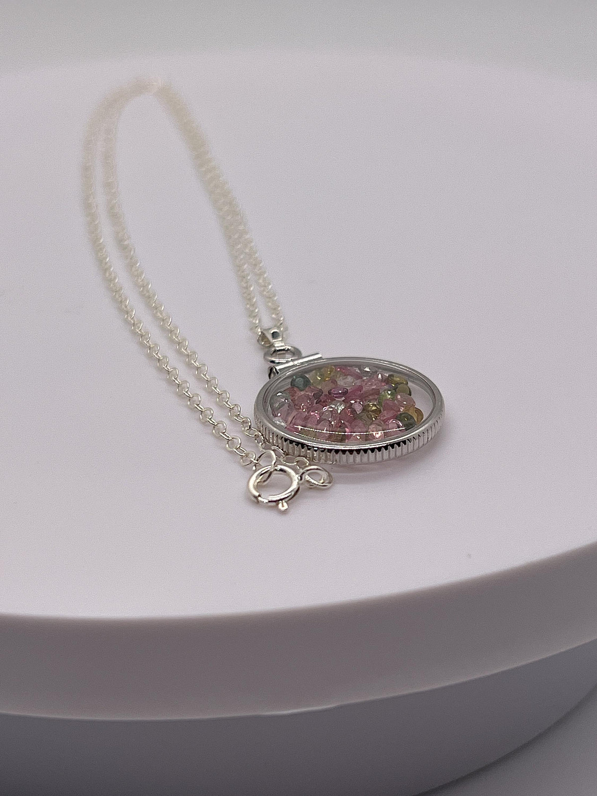 Handmade dimesize sterling silver multicolor tourmaline shaker locket lucite view locket, necklace, beautiful october birthstone. 2.0 tcw